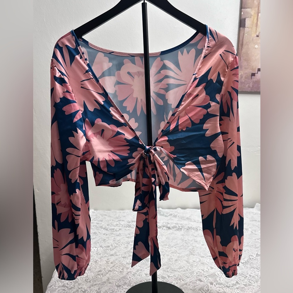 SHEIN Curve Floral Tie Front Crop Top 0XL Pink Navy